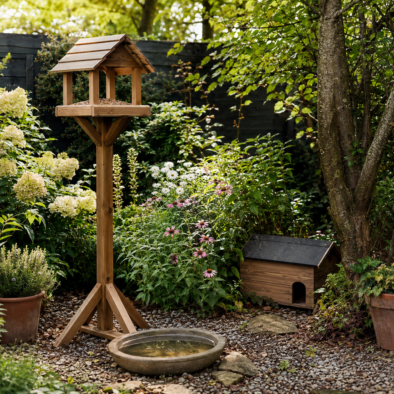 Bird feeding station, hedgehog house and wildlife water bowl