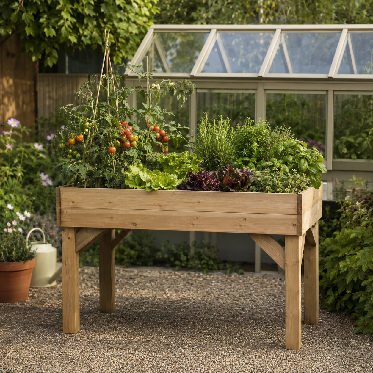 Raised planter with herbs, salad leaves and tomatoes