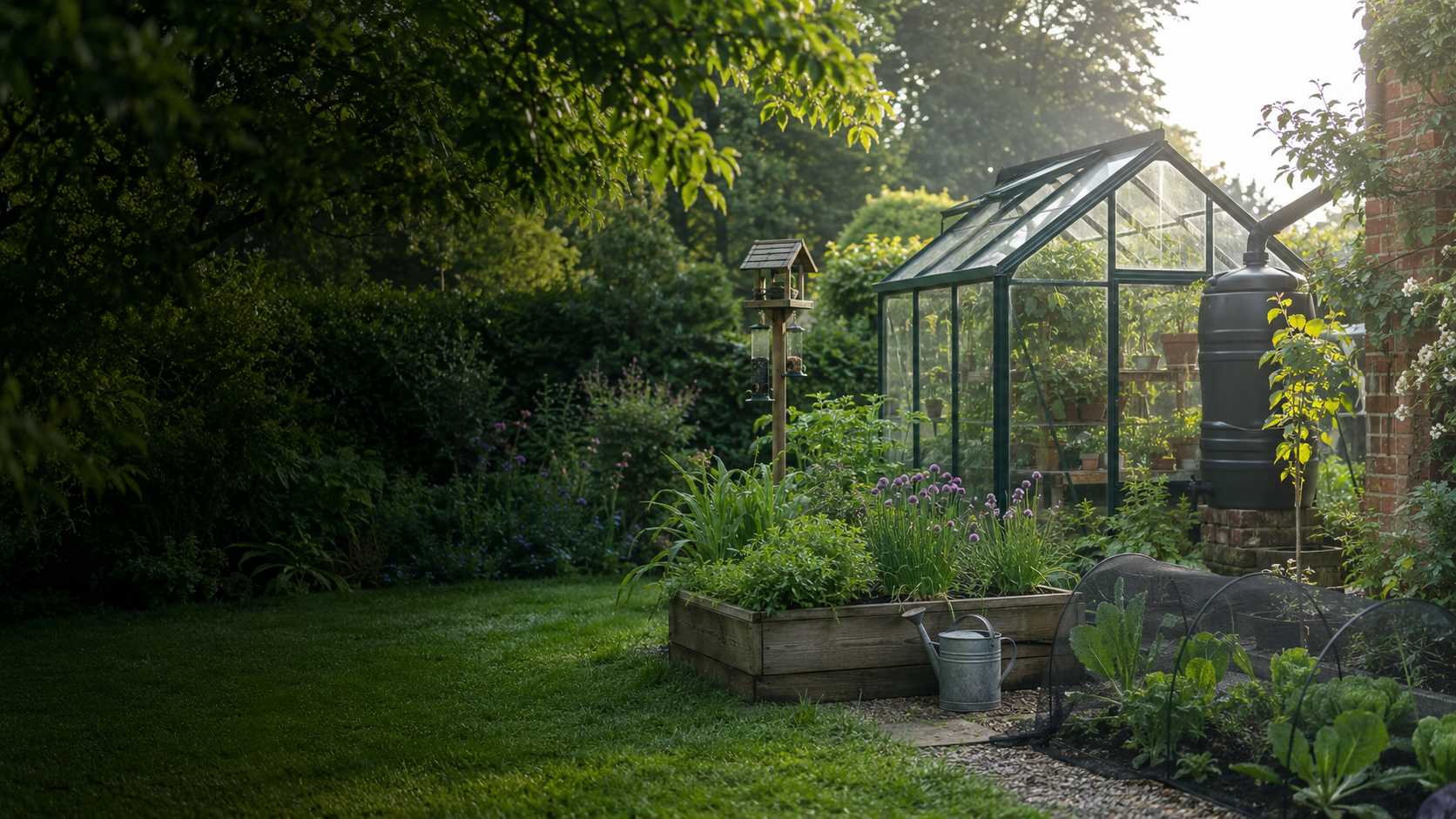 A British garden with greenhouse, rainwater butt, raised herb bed, bird feeder and protected vegetables