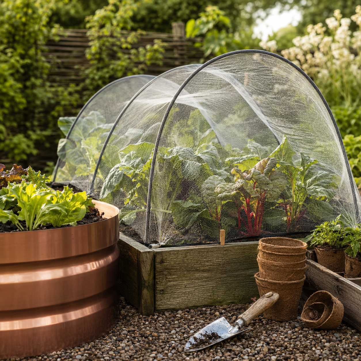Vegetables protected with insect mesh and natural garden materials