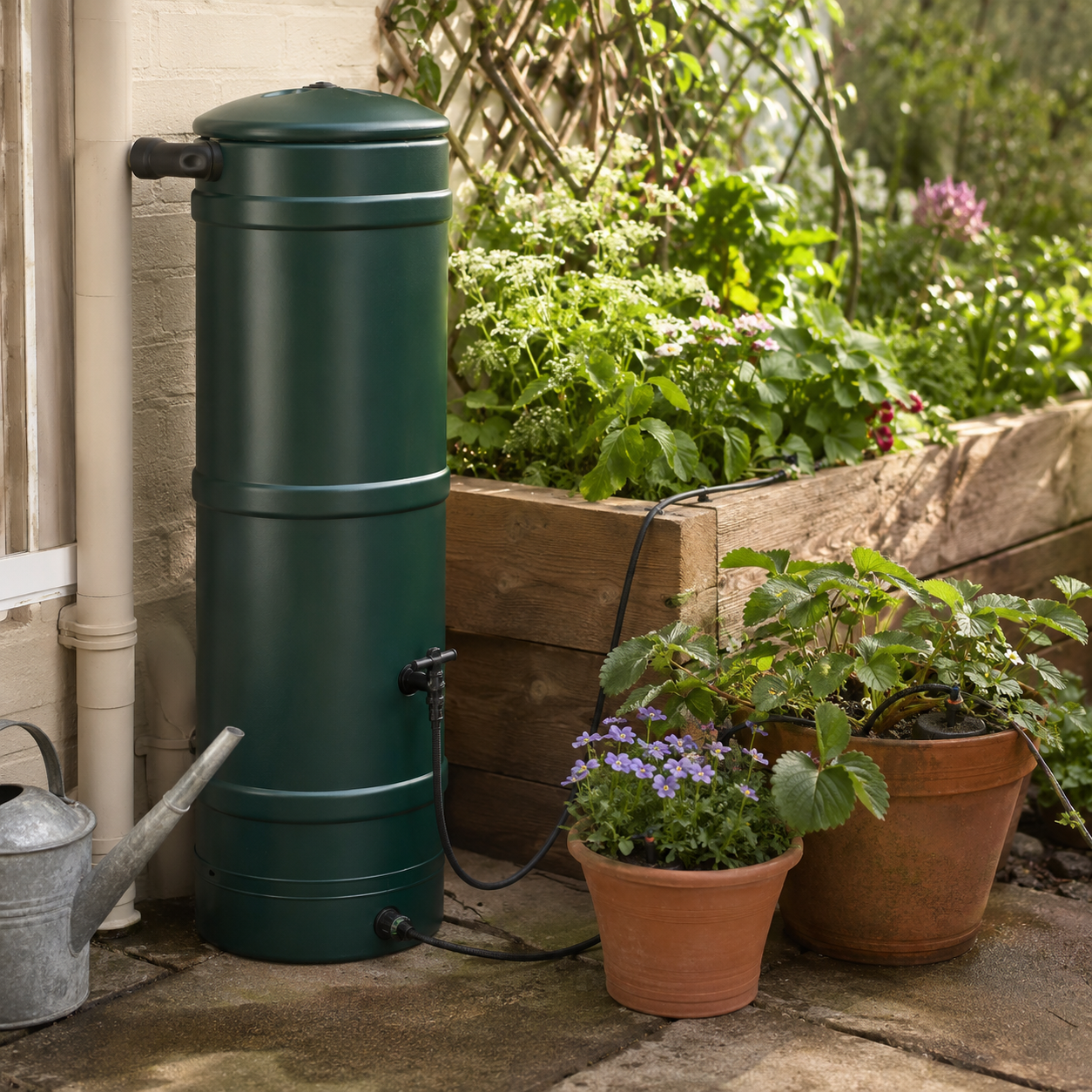 Rainwater butt and automatic watering in a British garden